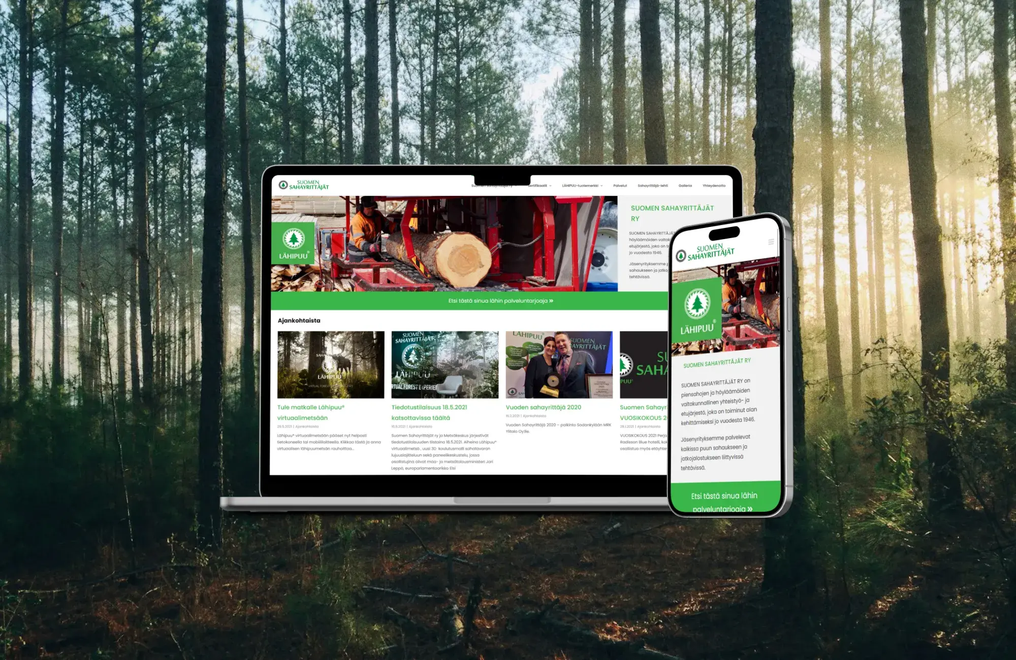 Hurja Solutions: Suomen Sahayrittäjän verkkosivuston mockup.