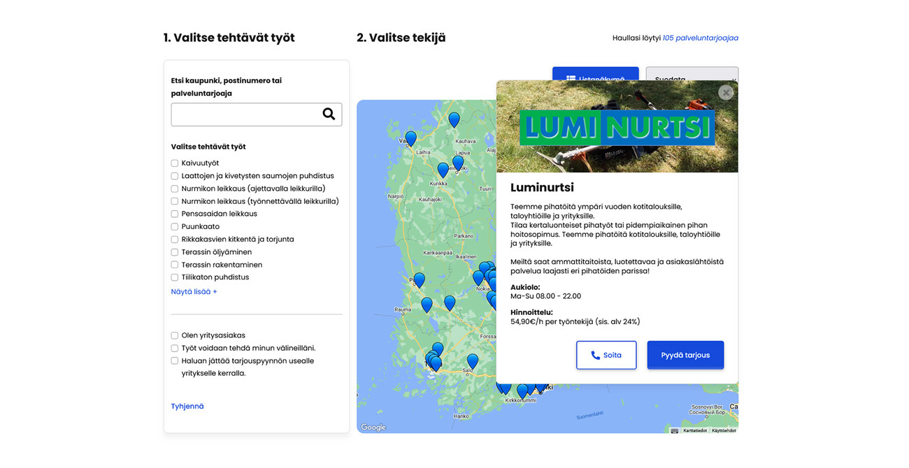 Kuvankaappaus Piha-Onlinestä, jossa hakutoiminto.