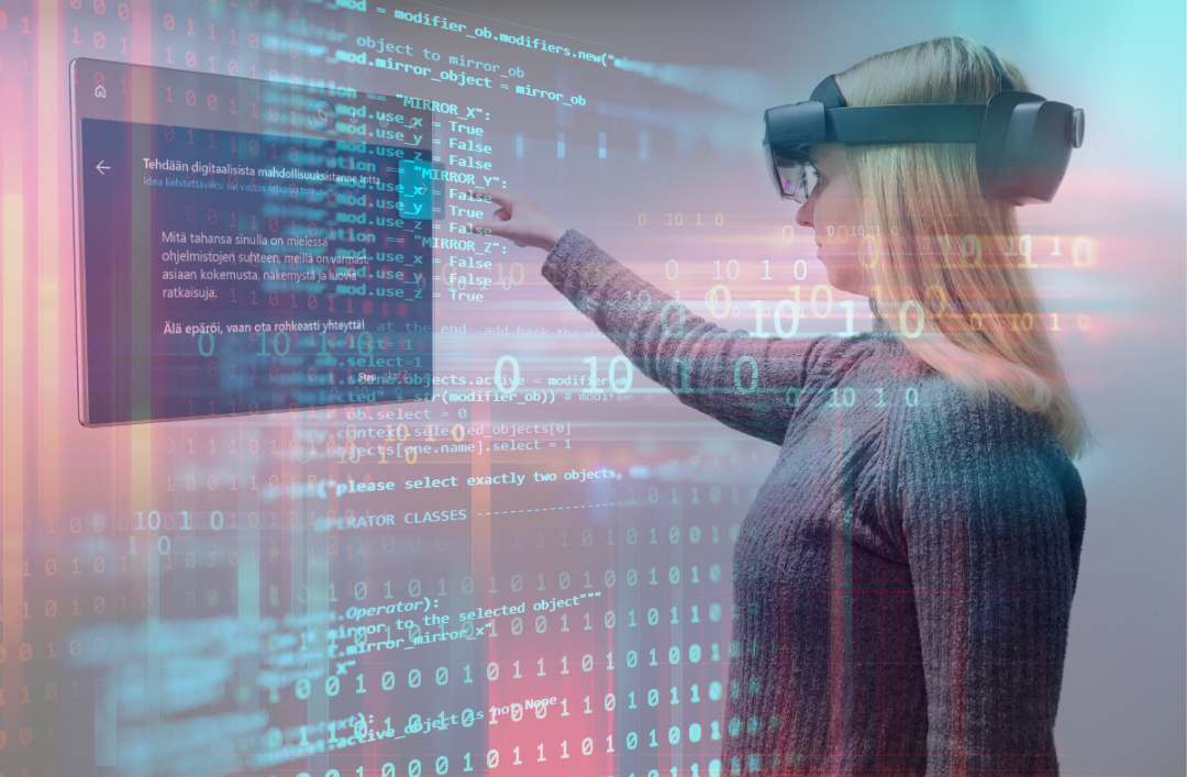 Työntekijä osoittaa Dynamics 365 Guides -sovelluksen opastustaulua HoloLensit päässä.