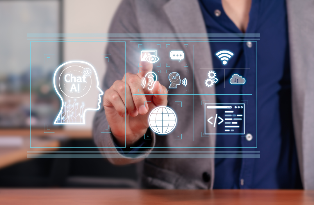 AI ACT tekoälysäädös-artikkelikuva, jossa henkilö käyttää AI Chat hologrammia.