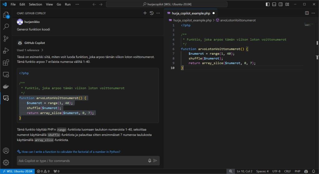 Kuvankaappaus GitHub Copilotista arpomassa lottonumeroita.