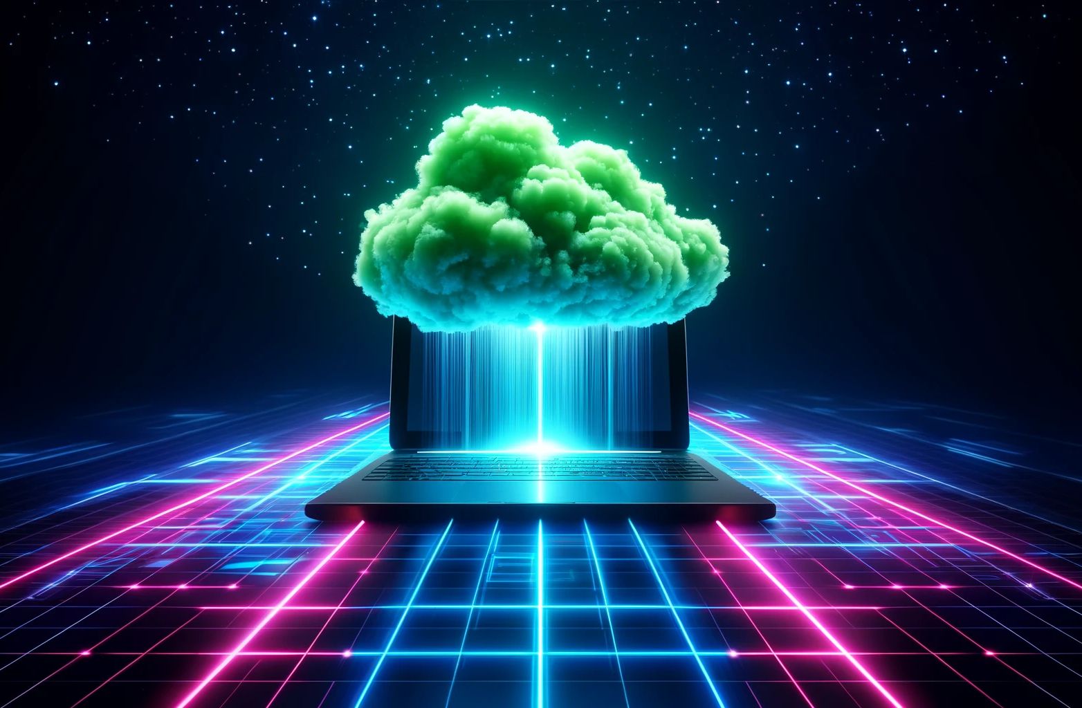 Pilvipalvelu on kuvattu pilvellä, joka nousee kannettavasta tietokoneesta.