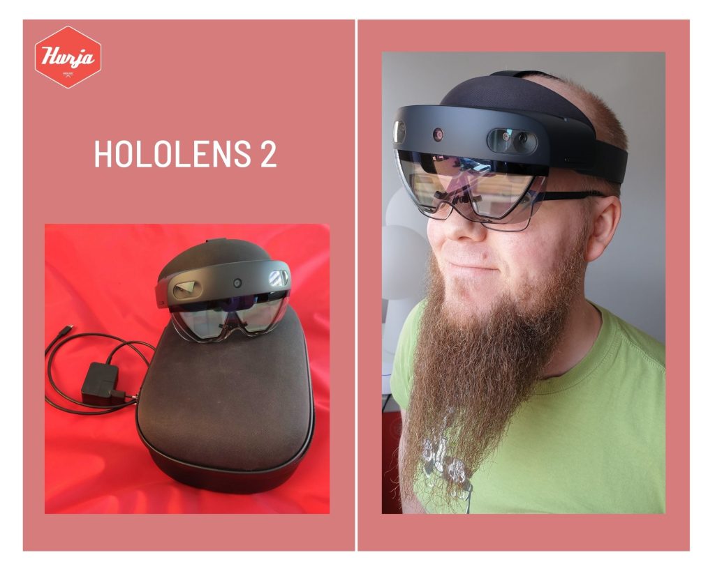 HoloLens 2 -paketissa onsuojakotelo, AR-lasit, latausjohto, puhdistusliina ja käyttöohje. Langattomat lasit käyttäjän päässä.