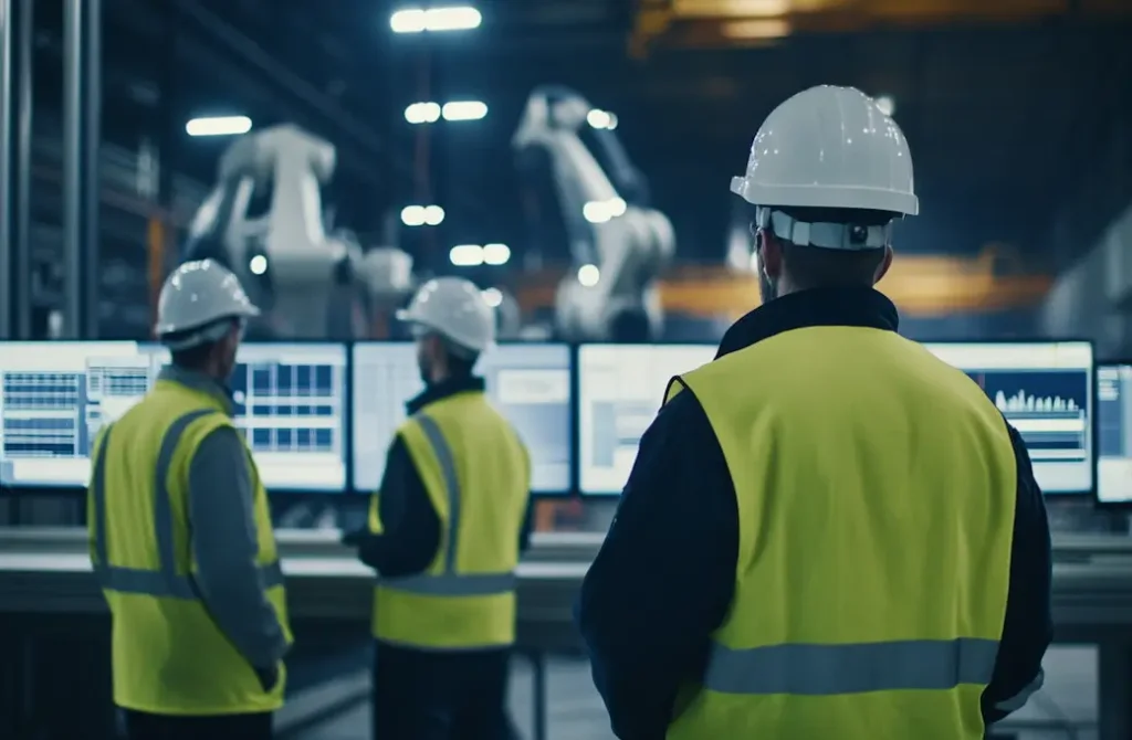 Kuvituskuva pk-yirtysbarometri-artikkeliin, jossa valvojia nykyaikaisessa tehtaassa.