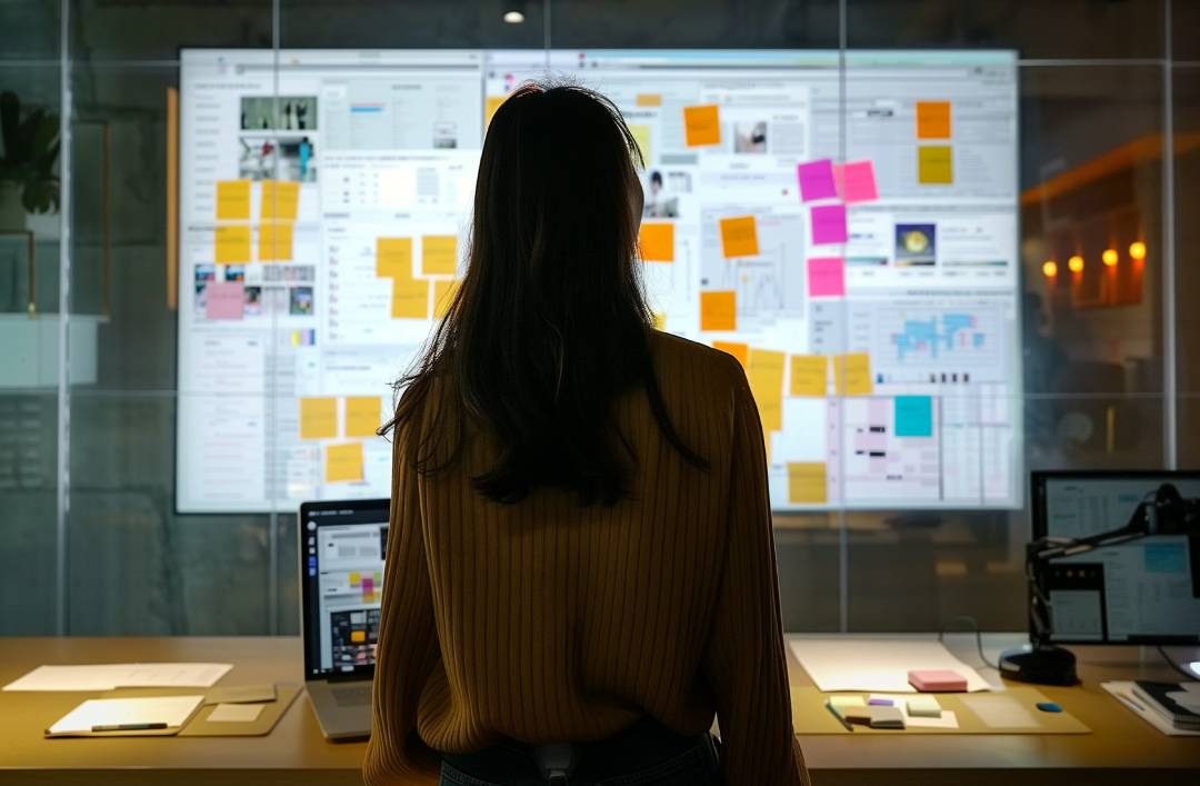 projektinhallinta IT-projekteissa blogin kansikuva, jossa nainen suunnittelemassa taulun edessä.