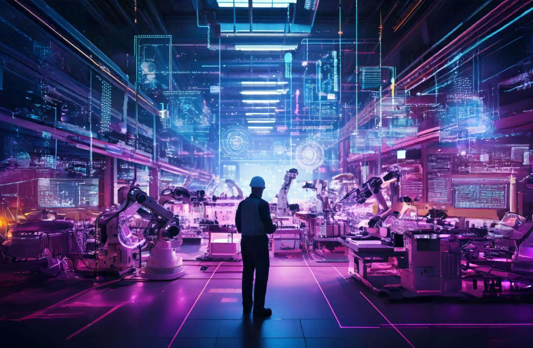Tekoäly teollisuudessa blogin kuvituskuva, jossa henkilö työskentelmässä koneiden ympärillä.