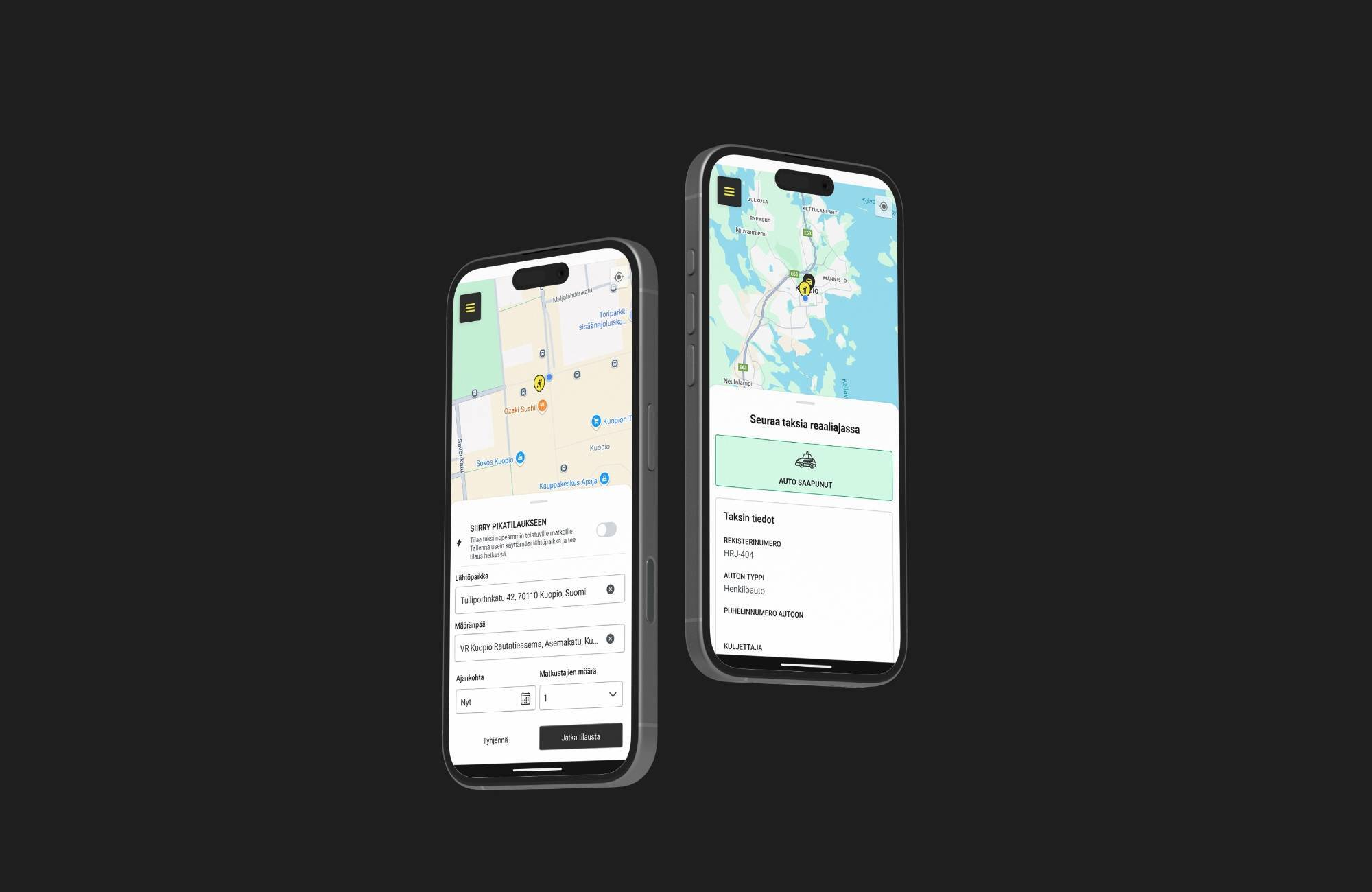 Taksi1-mobiisovelluksen karttanäkymä.